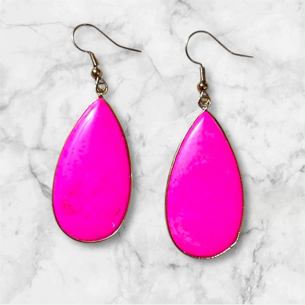 Hot Pink teardrop natural crystal healing stone earrings with gold accents